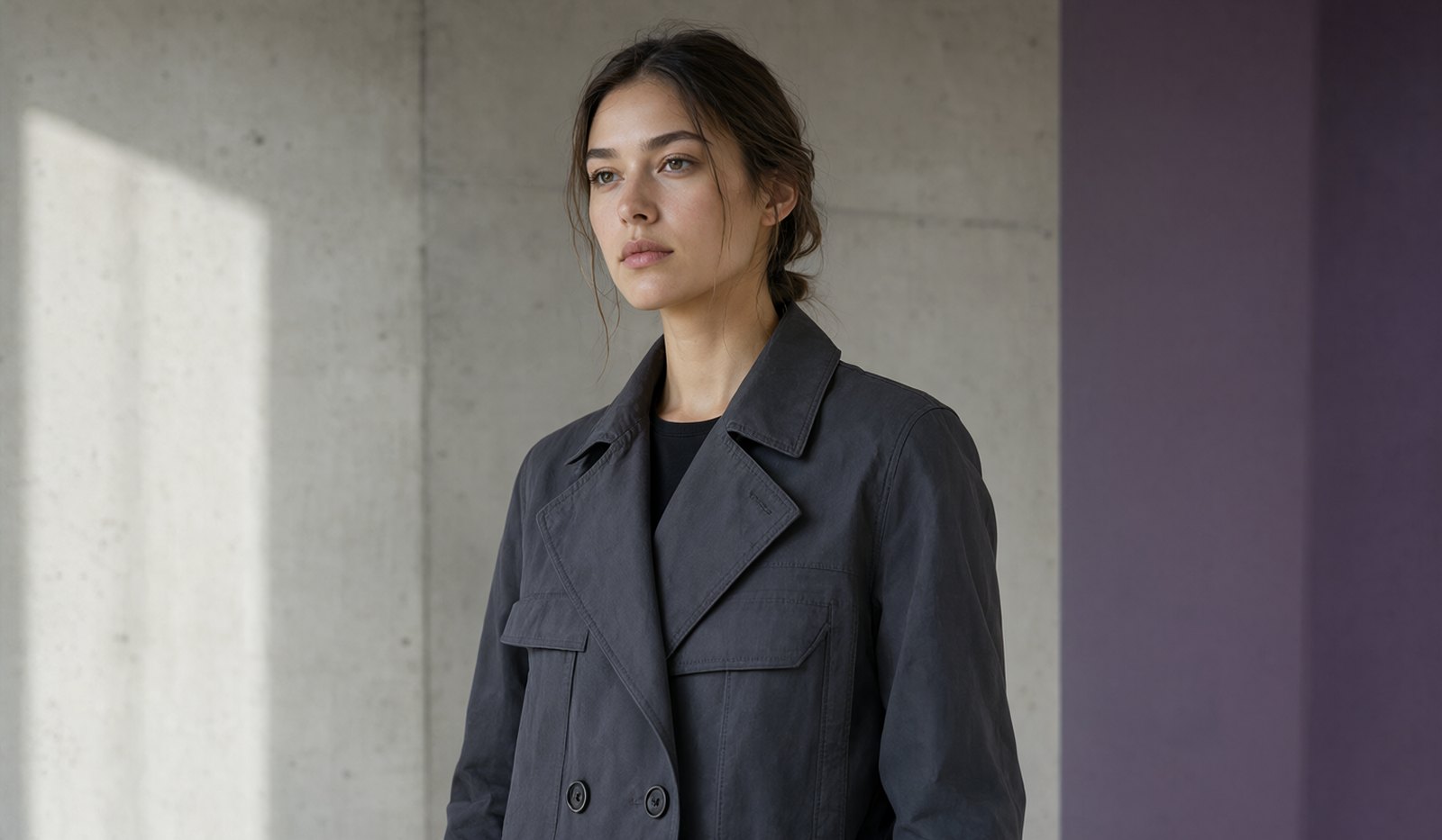 Illustrative editorial campaign photograph of a model in a tailored dark workwear jacket in a minimalist concrete studio