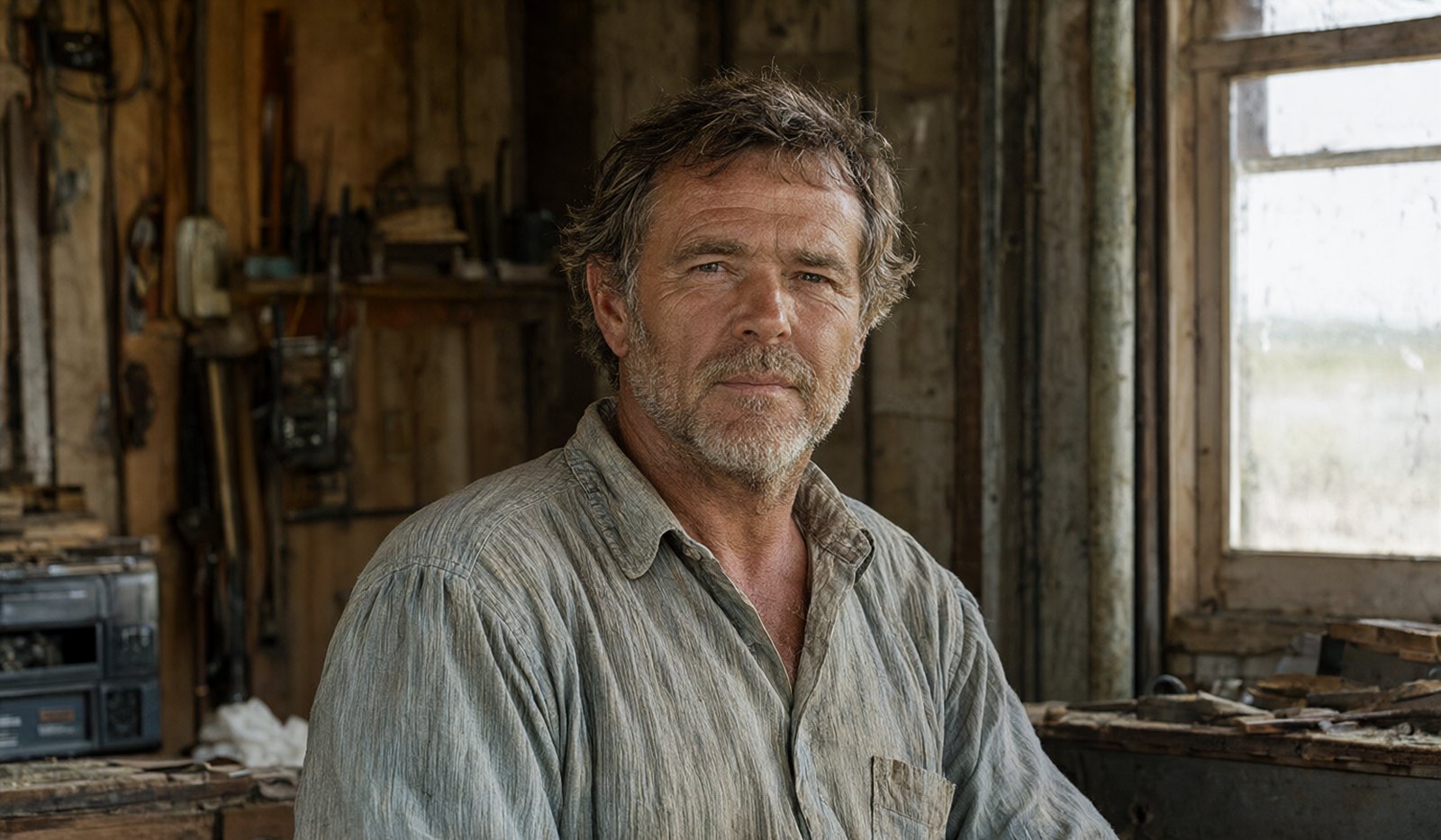 Environmental portrait of a mature man in a weathered timber workshop in soft window light