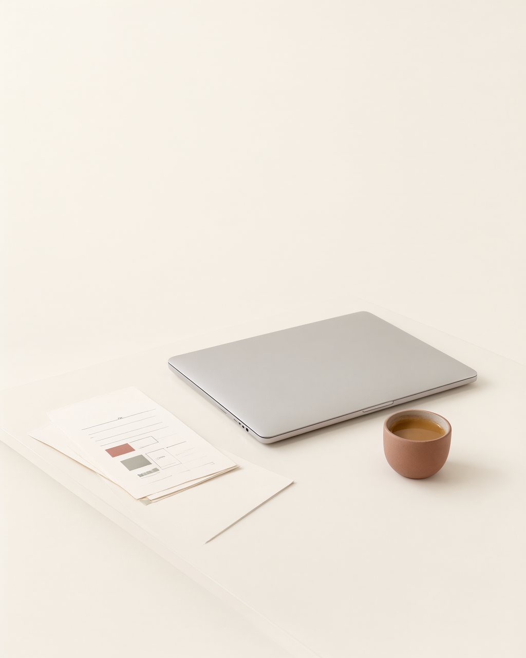 Illustrative review setting: a closed laptop, a neat stack of audit documents and a small ceramic coffee cup on a warm ivory desk in soft natural light